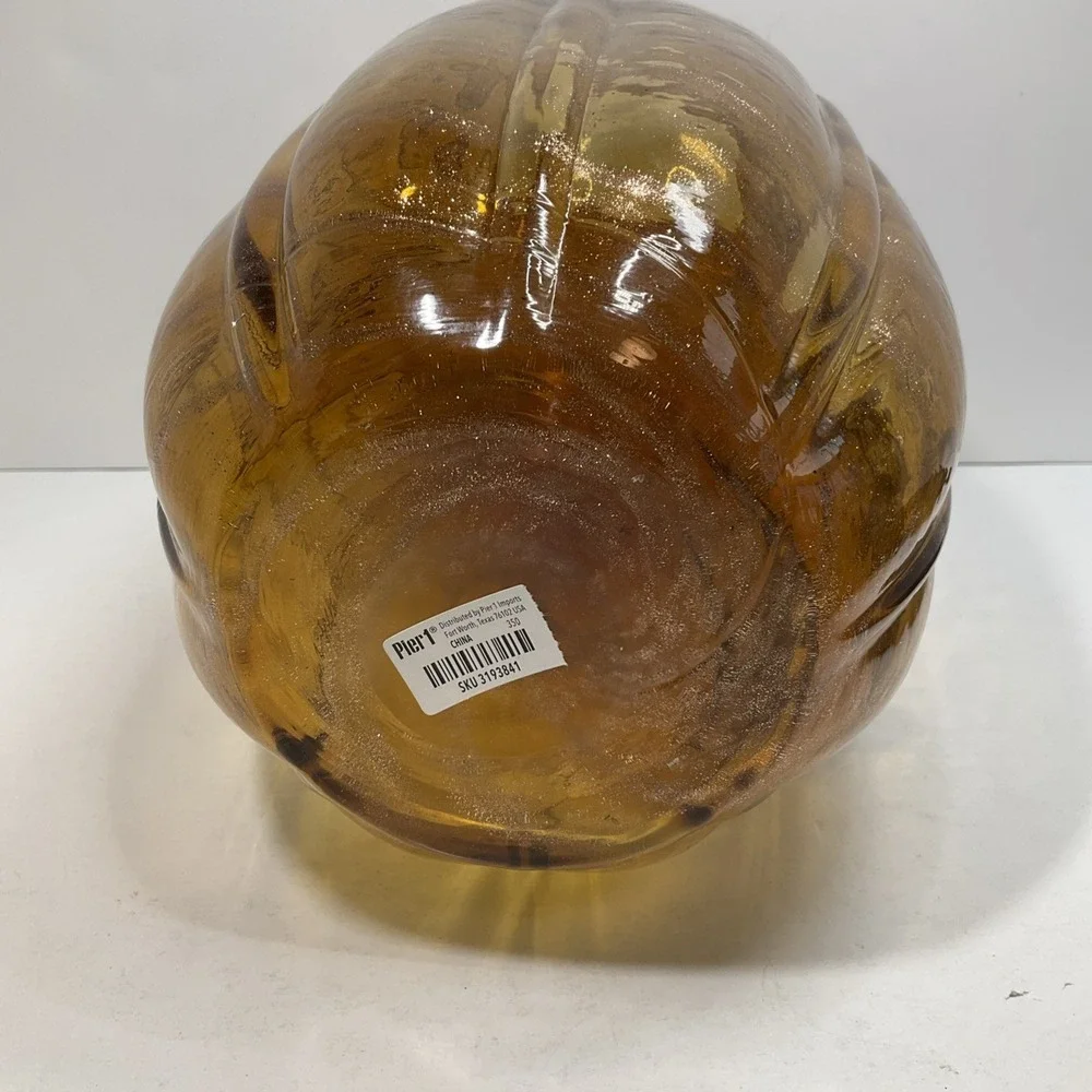 Vintage Tall Pier One Amber & gold swirl glass pumpkin vase with long curly stem